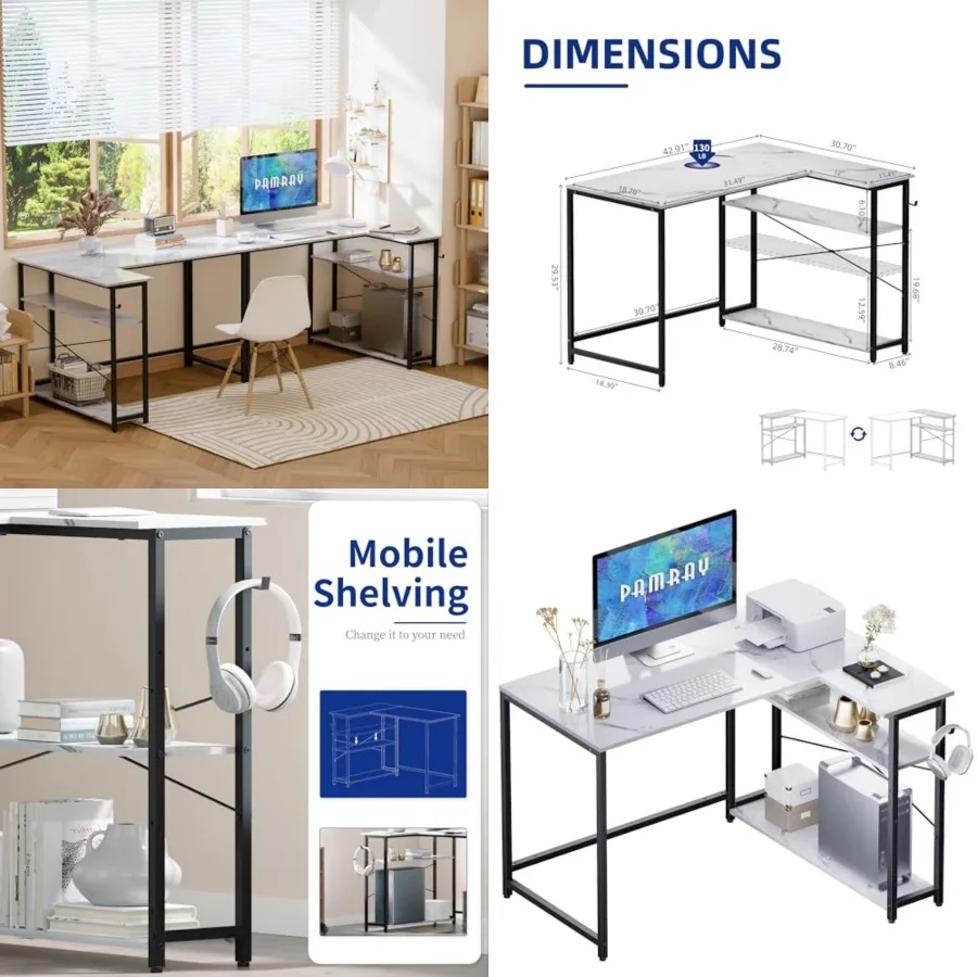 

L Shaped Computer Desk with Reversible Side Storage Shelves, Small Corner Desk for Small Space Home Office, Writg Study Table P