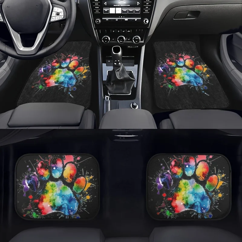 

4pcs Colorful Paw Print Car Floor Mats Set - Fits Autos, Trucks, SUVs - Stylish Protection & Interior Enhancement, Polyester Fib