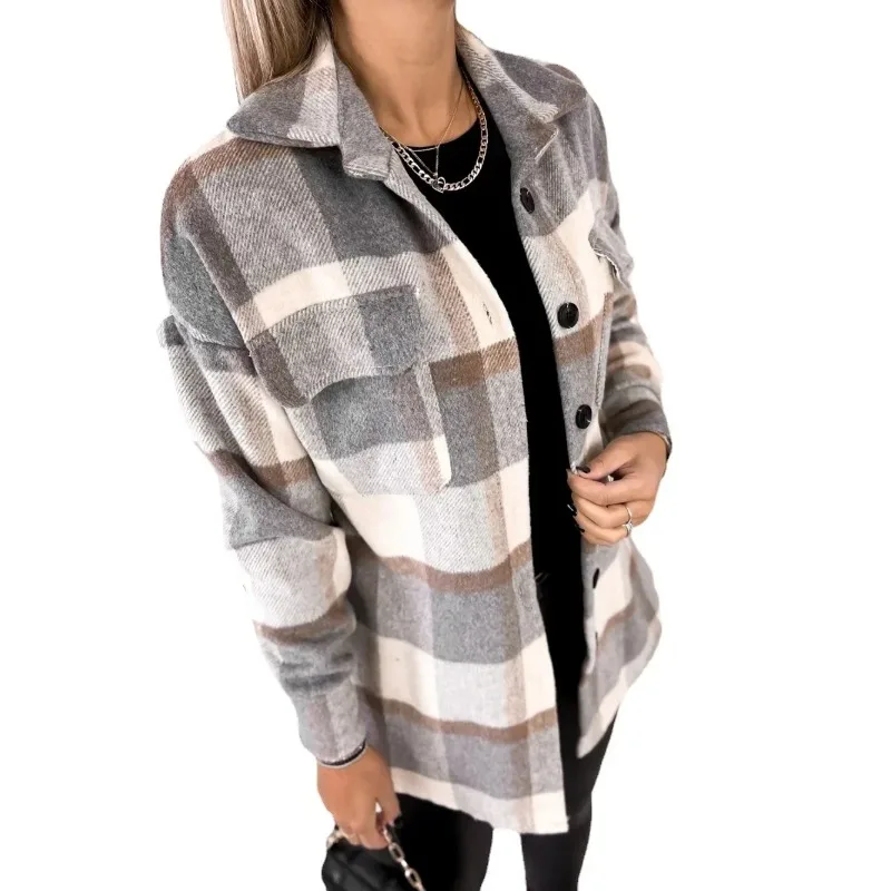 

Women's Fashionable Wool Jacket Shirt Top Women's Long Sleeved Single Breasted Checkered Printed Shirt