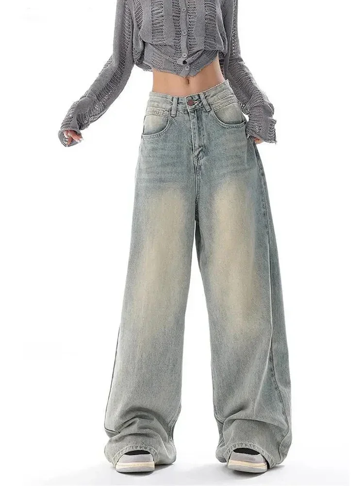 

Retro Fashion YK2 Street Women's Wide Leg Jeans Autumn American High Waist Loose Design Perforated Women Straight Leg Long Jeans