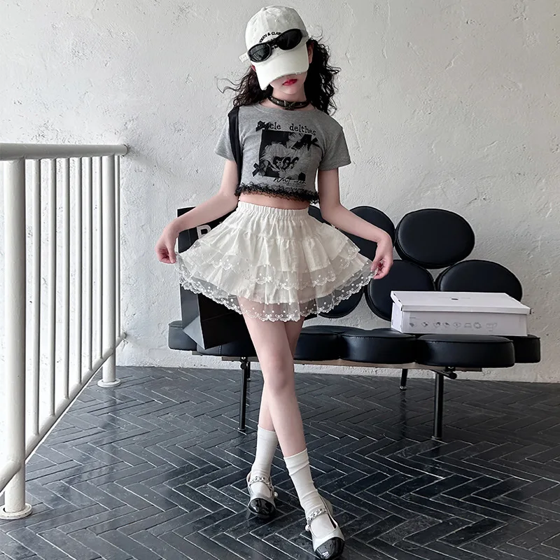 2025 الصيف الأطفال الفتيات الملابس طباعة المراهق 1 قطعة تي شيرت كامل أو الدانتيل قصيرة مطوي الطبقات تنورة 4 8 10 11 12 سنة