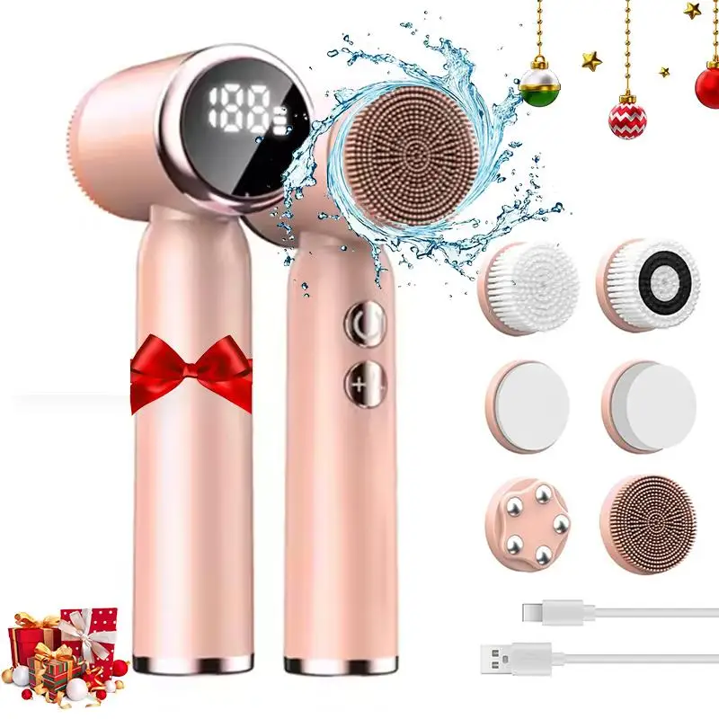 6-In-1 Rechargeable Facial Cleansing Brush, IPX6 Waterproof, 6 Heads, Adjustable Speeds for Deep Cleaning & Skin Exfoliation