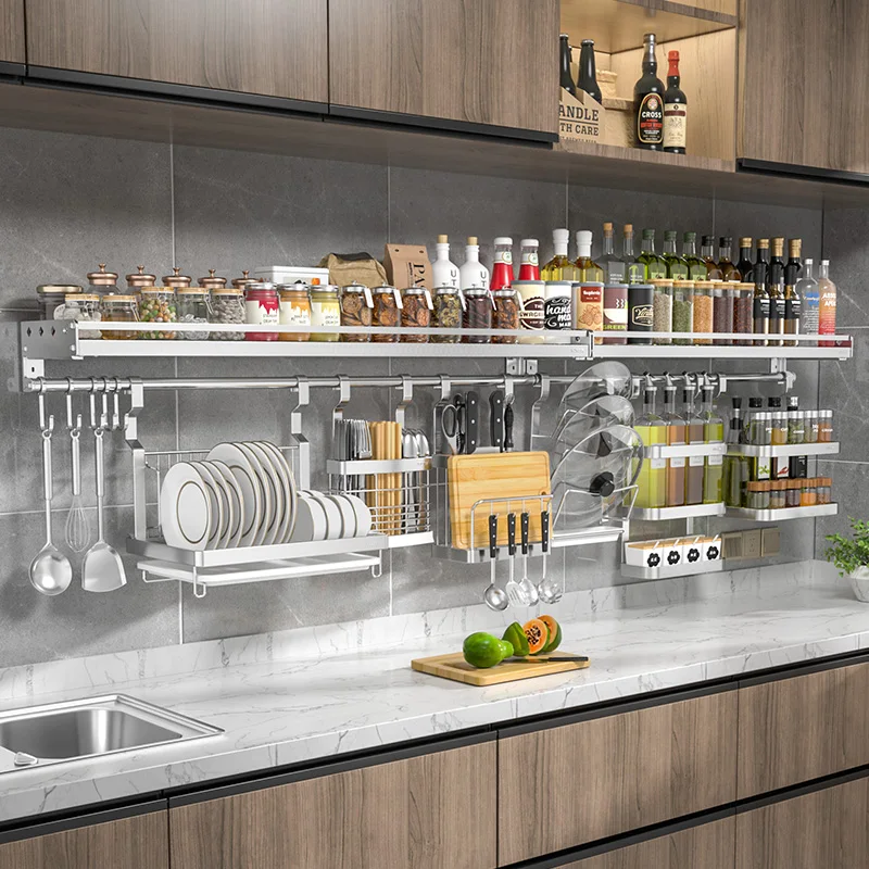 

Kitchen 304 shelf, wall seasoning rack, pendant, lid, dish storage rack, no punching and thickening