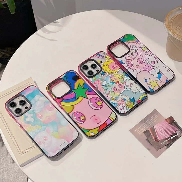 

Cartoon Cute Big Eyes Girl 2.0 Acrylic Colorful Border Phone Case Cover for iPhone 11 12 13 14 15 Pro Max Case