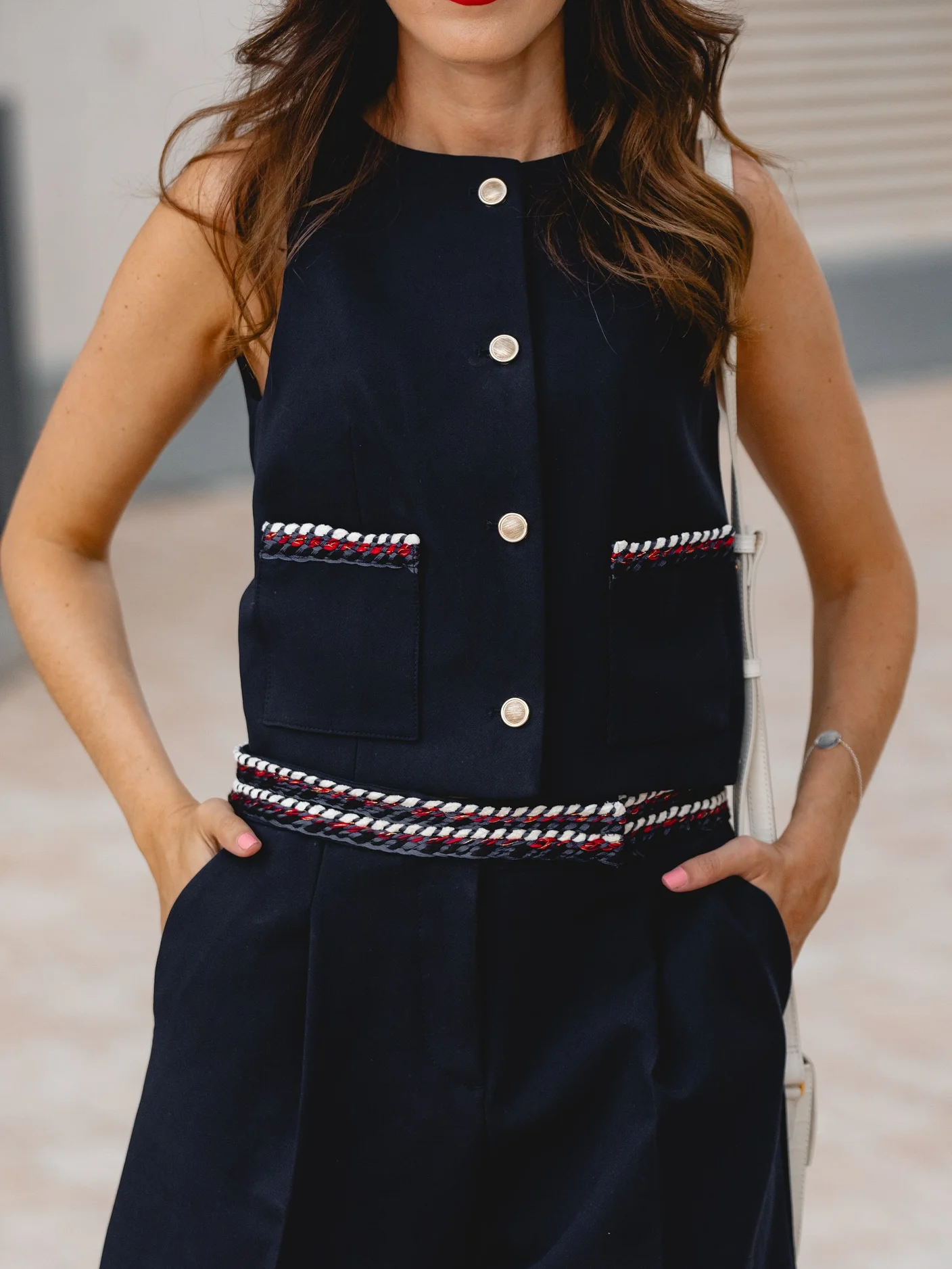 

Women Fashion Sleeveless O-Neck Trim Pattern Single-breasted Waistcoat Casual Zipper High Street Pockets Shorts Suit