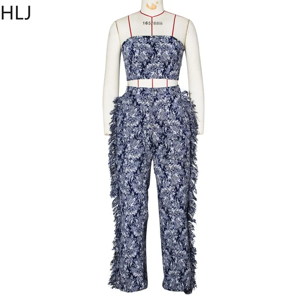 HLJ Vintage Printing Sexy Tassels Straight Pants Two Piece Sets For Women Lace Up Tube And Trousers Outfits Fashion Streetwear