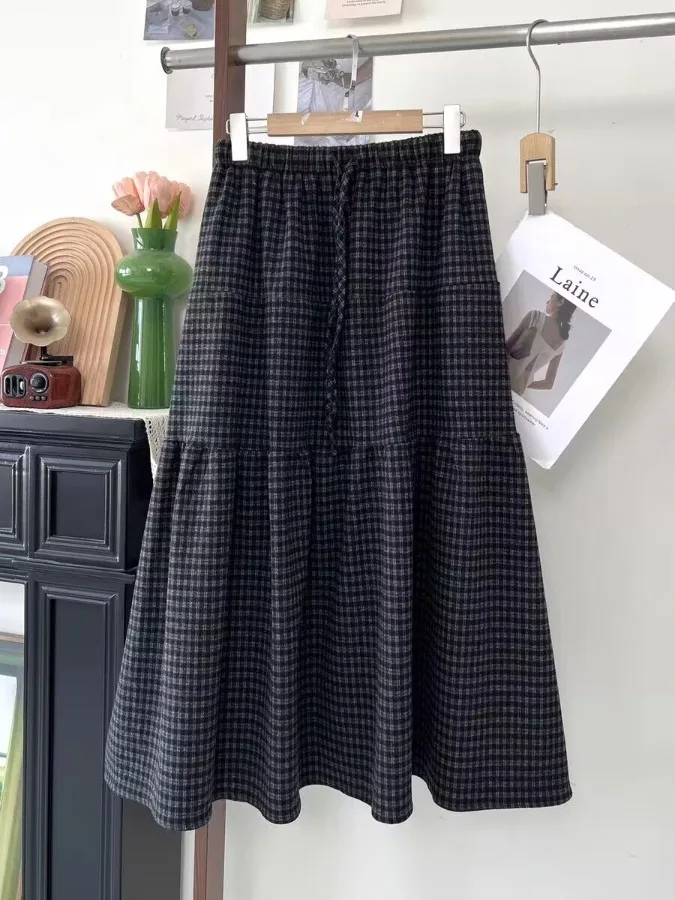 

Loose A-Line Plaid Skirt Korean Lazy Sle plus Size Cake Skirt Slimming Vintage Artistic Patterned f-length Skirt