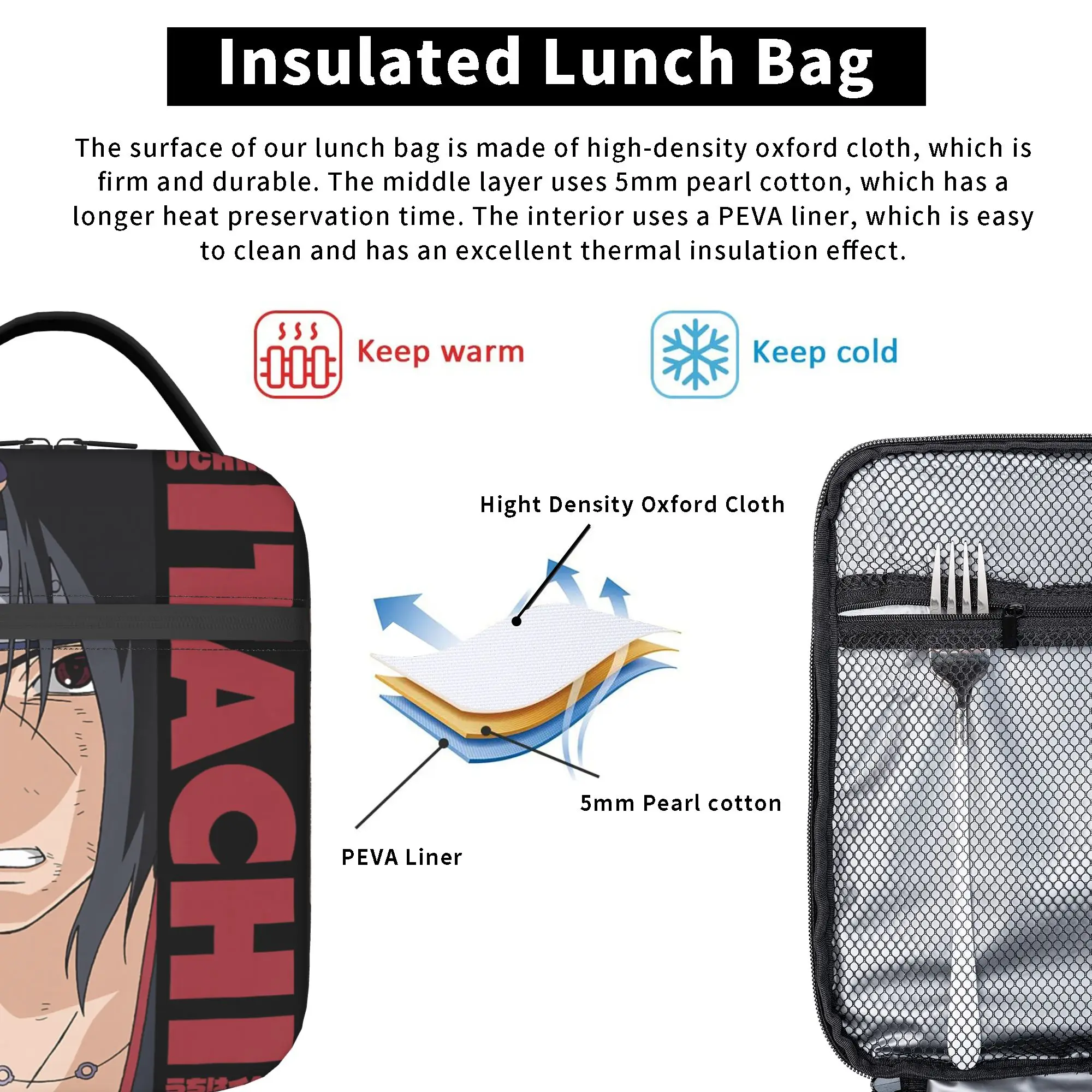 Shippuden Itachi Block and Narutoes Name Insulated Lunch Bag Thermal Bag Reusable,Meal Container Large Tote Lunch Box Girl Boy view 5
