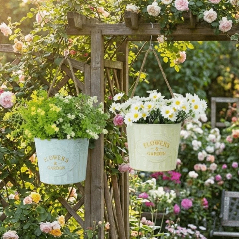 Semi Round Hanging Flower Pot Plant Bucket Retro Iron Art Hanging Basket Wall Mounted Wear-resistant Wall Mounted Planter