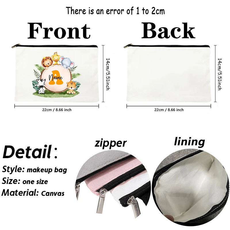 Initials A-Z Customize Name Cosmetic Bag Lion Giraffe Wreath Pencil Case White Zip Storage Pouch Teacher Lover Gift Personalized