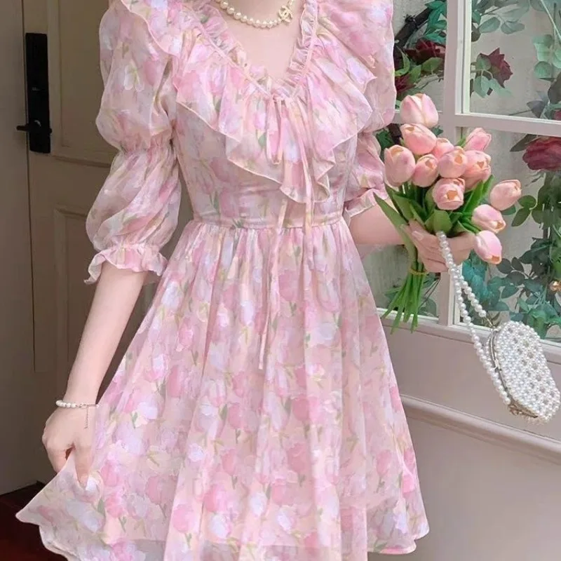 

2026Spring Summer French Style Sweet Chiffon Dress Women Elegant Ruffle Pink A Line Slim Waist Unique Princess Party Midi Dress