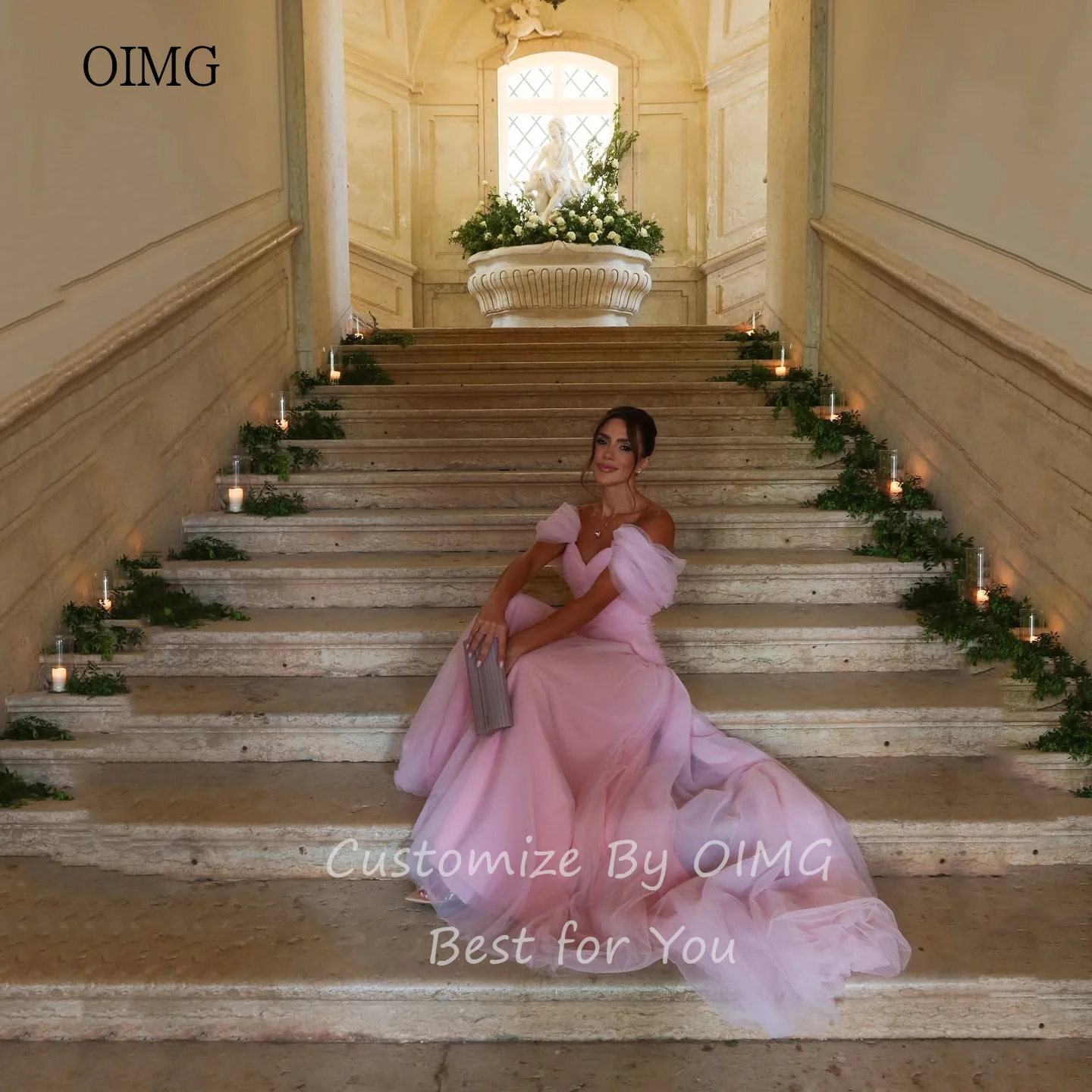 OIMG Dreamy Princess Pink A Line Prom Gowns Off The Shoulder Party Gown Floor Length Evening Dress vestidos de gala Customized image 4
