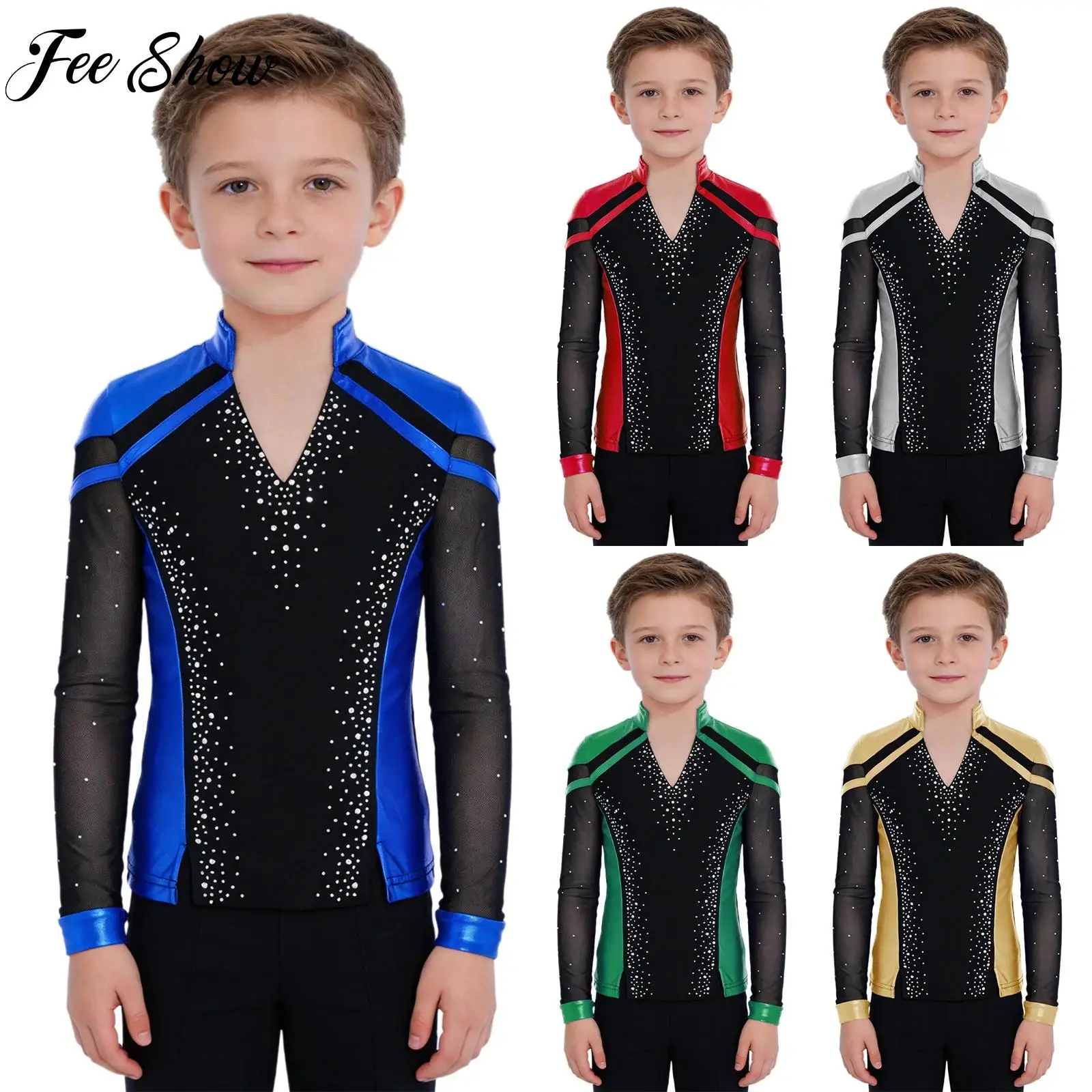 Kind Jungen Gymnastik Eiskunstlauf Tanzkostüm Langarm Split Saum Strass Metallic Top Performance Trainingskleidung