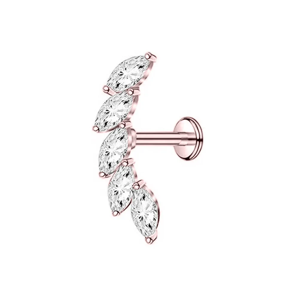 ASTM F136 G23 Titanium Flower Petals Threadless Labret Piercing CZ Pin Push in Lip Stud Conch Daith Earring 16G 18G 20G