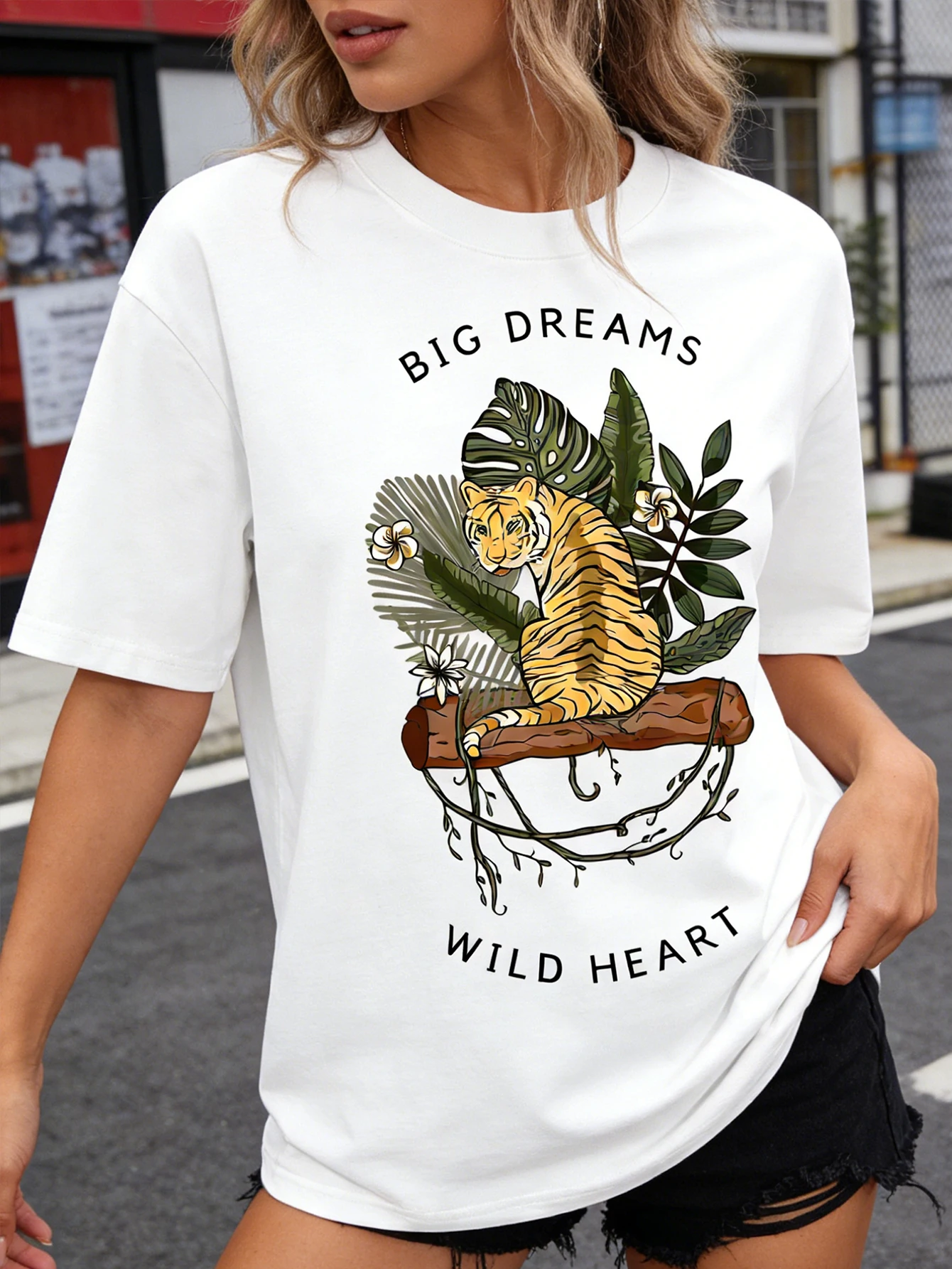 Spring and Summer Short-Sleeved - A casual regular-fit round-neck shirt with tiger-print design in the forest scene.