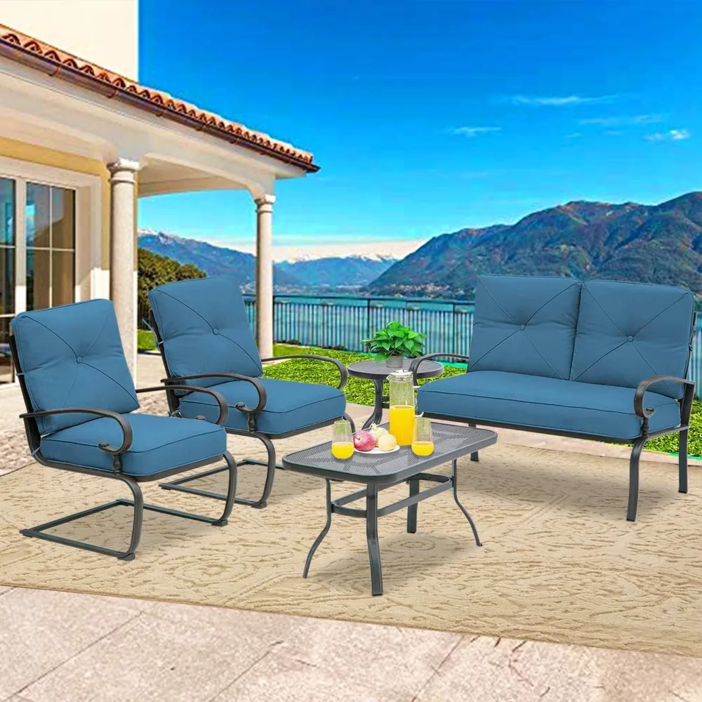 5-piece metal wrought iron patio furniture set (two-seater, coffee and bistro table, 2 spring chairs) with back cushions