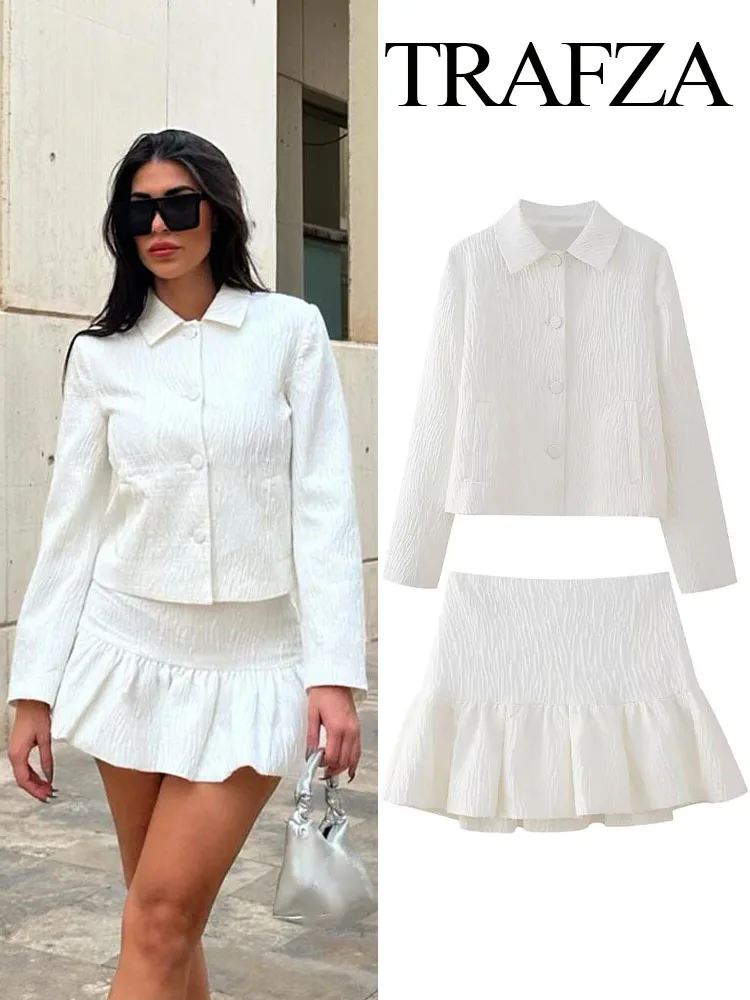 TRAFZA Spring Fashion Women Suit White Turn-Down Collar Long Sleeves Pocket Single Breasted Blazer+High Waist Zipper Mini Skirts