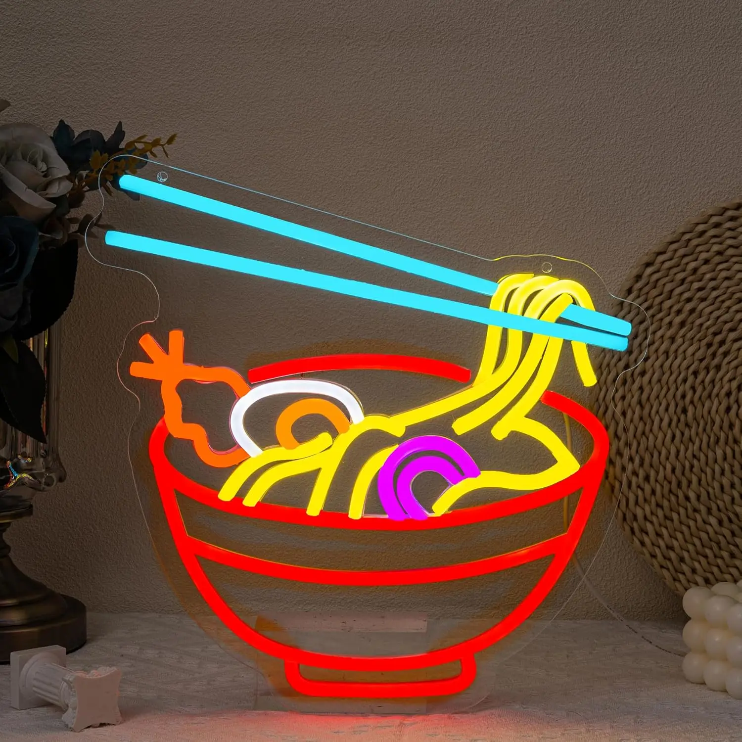 USB Dimmable Noodle Bowl Neon Light with Egg Meat Vegetables Vibrant LED Sign for Ramen Shop Bar Kitchen Decor Food Lover Gift