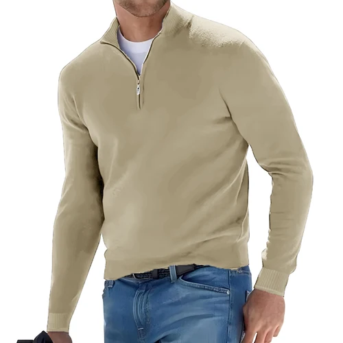 Imagen 2 del producto Nuevo jersey de manga larga para hombre, suéteres de Color sólido con media cremallera, suéter de punto con cuello en V, ropa de calle transpirable de gran tamaño para hombre