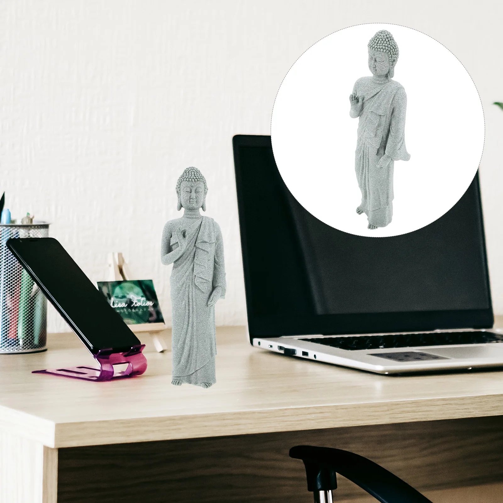 

Buddha Statue Ornament Posture Decor Vintage Sandstone Zen Craft Sculpture Green Figure for Desktop Spiritual