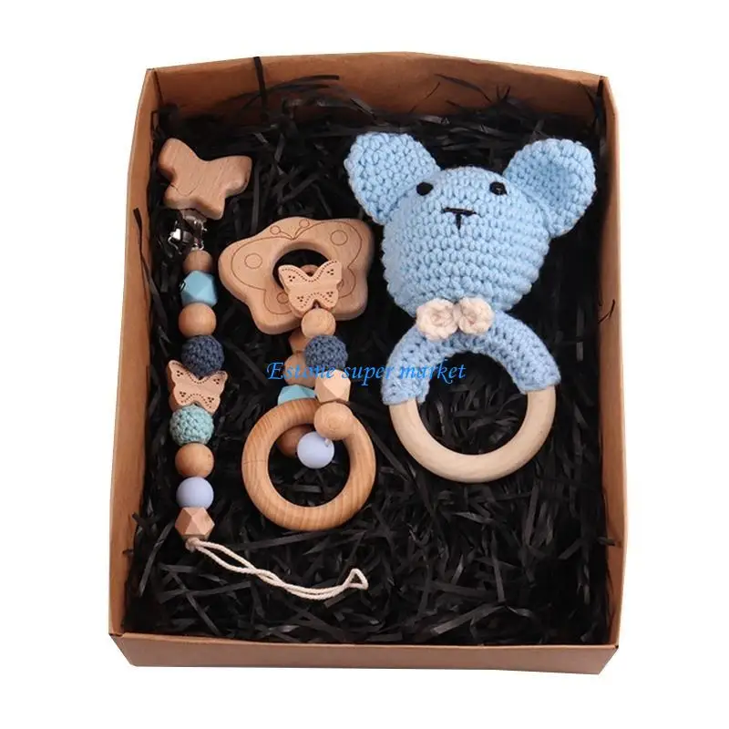 

090B 3pcs/set Baby Rattle Wooden Crochet Bear Bells Music Teething Bracelet Pacifier Dummy Clips Gym for Play Baby Toy