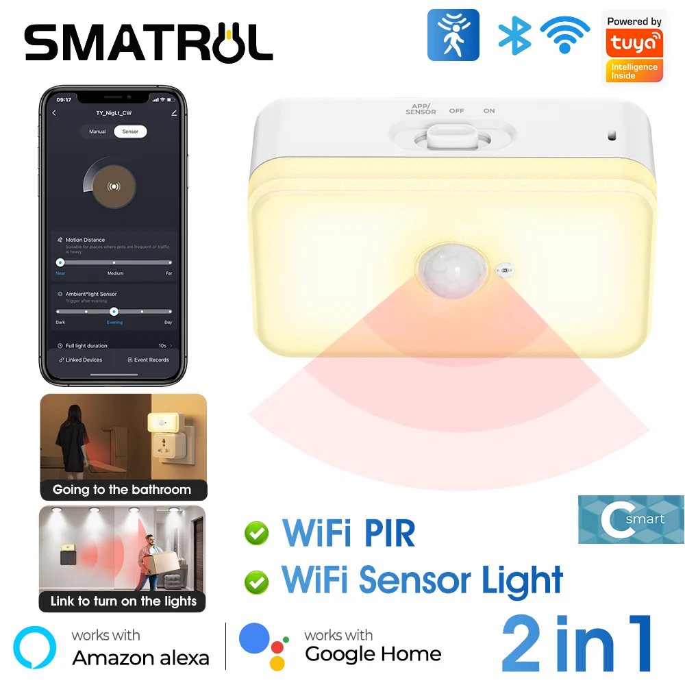 Tuya WIFI PIR Motion Sensor Human Body Sensing Smart LED Night Light Detection App Voice Smart Life Works With Alexa GoogleHome