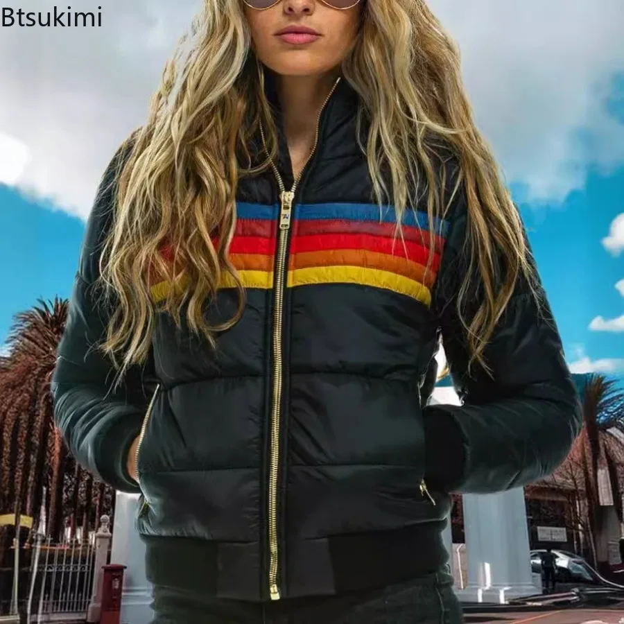 2025秋冬新作ファッションストライプジッパー付きパーカー レディース コットン製レインボージャケット スプライシングポケット付きレディースアウター