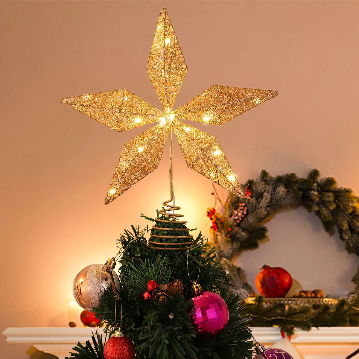 

Christmas Tree Topper Star Shaped Lights 20 Warm White LEDs Rustproof Iron Wires Xmas Decorations Festive Parties Celebrations