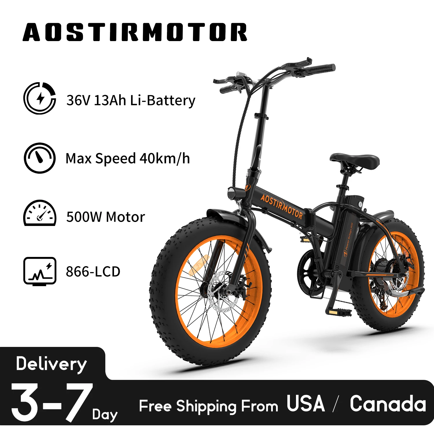 

AOSTIRMOTOR 500W Ebike Folding Lithium Battery 36V 13Ah Electric Bicycle 20 Inch Fat Tire Mini Bafang Bike Adult Free Shipping