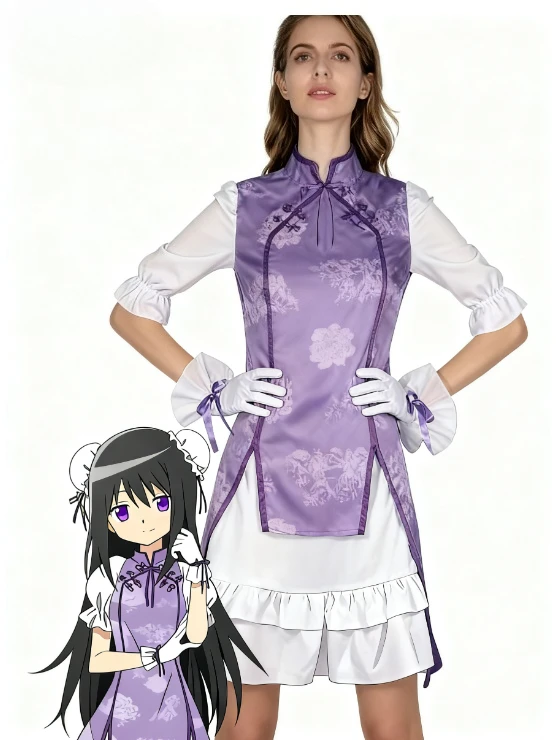 

AiniMe Akemi Omura Cosplay Puella Magimadoka Magica Cosplay Bowwig Chinese Style Small Cheongsam Cartoon Full Christmas Costume