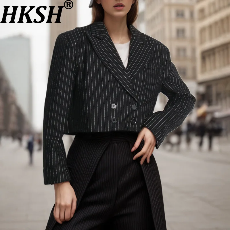 

HKSH осеннее новое женское элегантное стильное универсальное повседневное двубортное короткое пальто в полоску с длинным рукавом и принтом, шикарный блейзер HK8449