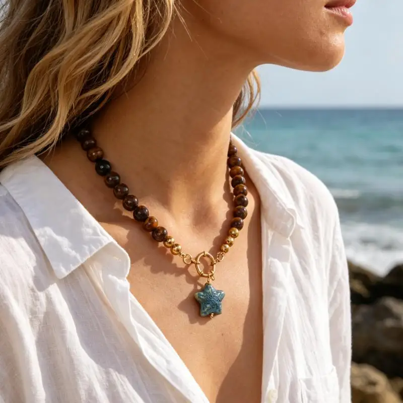 Titanium Steel Beaded Necklace with Ceramic Fish and Starfish Charms, Round Clasp, and Tiger's Eye