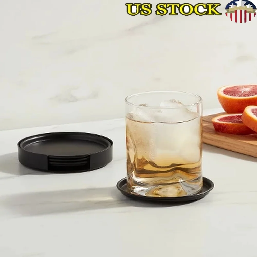

4 Pack Metal Coasters with Holder Iron Drink Protectors Round Coaster Set Tabletop Stains Spills Heat Marks Storage