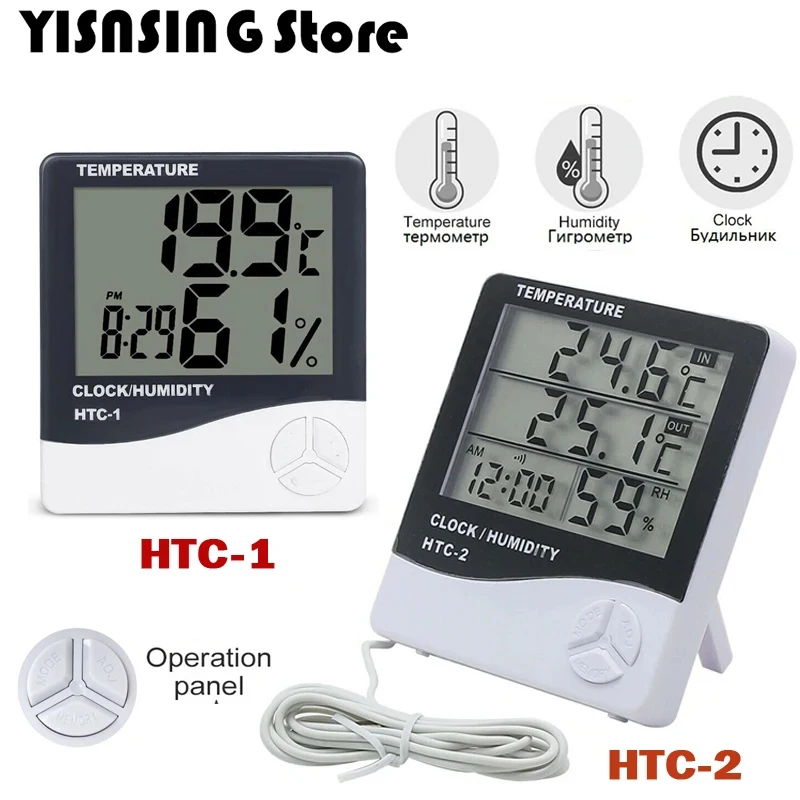 LCD Electronic Digital Temperature Humidity Meter Thermometer Hygrometer Indoor Outdoor Weather Station Clock HTC-1 HTC-2