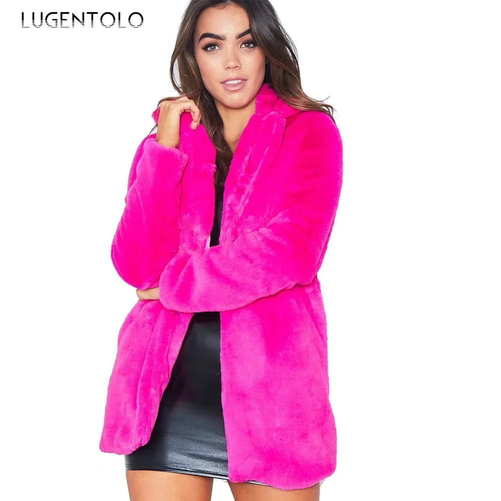 Lugentolo-casaco simples de pele sintética com bolso para mulheres, outwear casual, elegante pano de rua, quente e elegante, quente e novo, outono e inverno