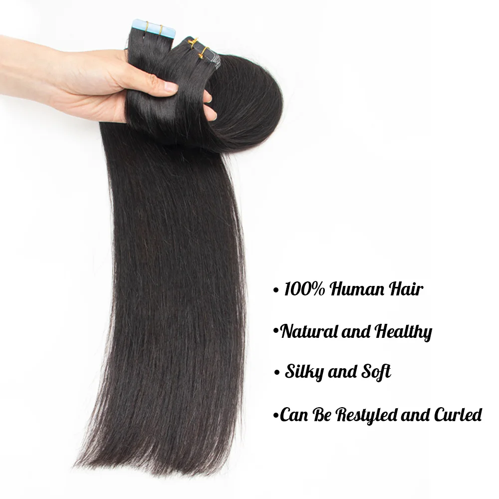 Extensões retas de cabelo humano com fita adesiva para mulheres negras, cabelo humano real natural, pele invisível, fita de trama, cola adesiva, salão