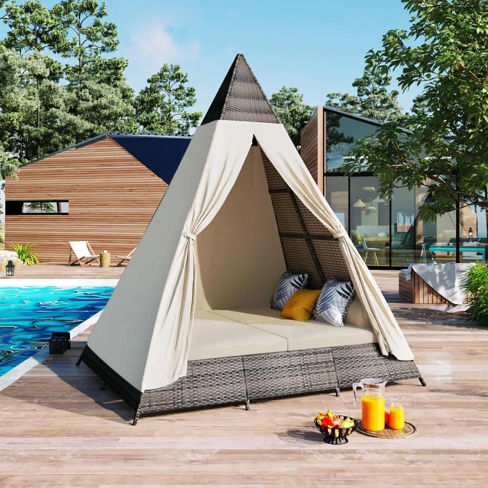 

Outdoor Sunbed with Cushions and Colorful Pillows,Tent Shape Wicker Patio Daybed 90.5" Length Lounge Bed for Patio Lawn Garden B
