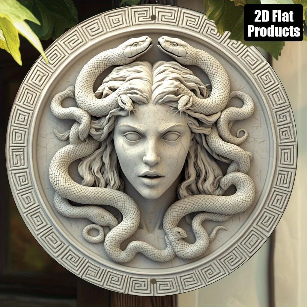 Ancient Greek Medusa Snake Hair Stone Carved Round Metal Sign 2D Flat Myth Home Entryway Wall Decor Gift