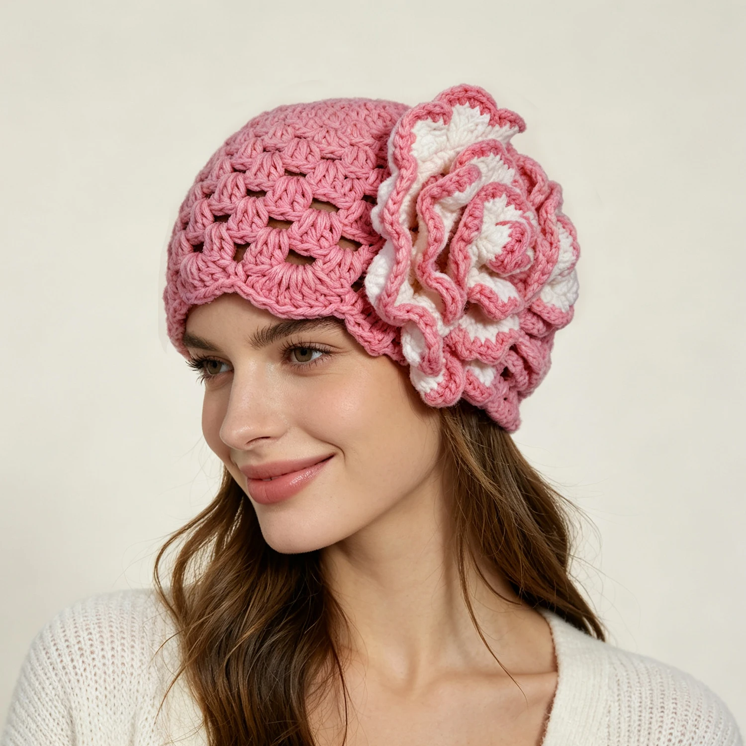 Women Crochet Flower Beanies Hat Handmade Hollow Mesh Knit Cap Winter 3d Large Side Floral Decor Boho Party Headwear For Ladies