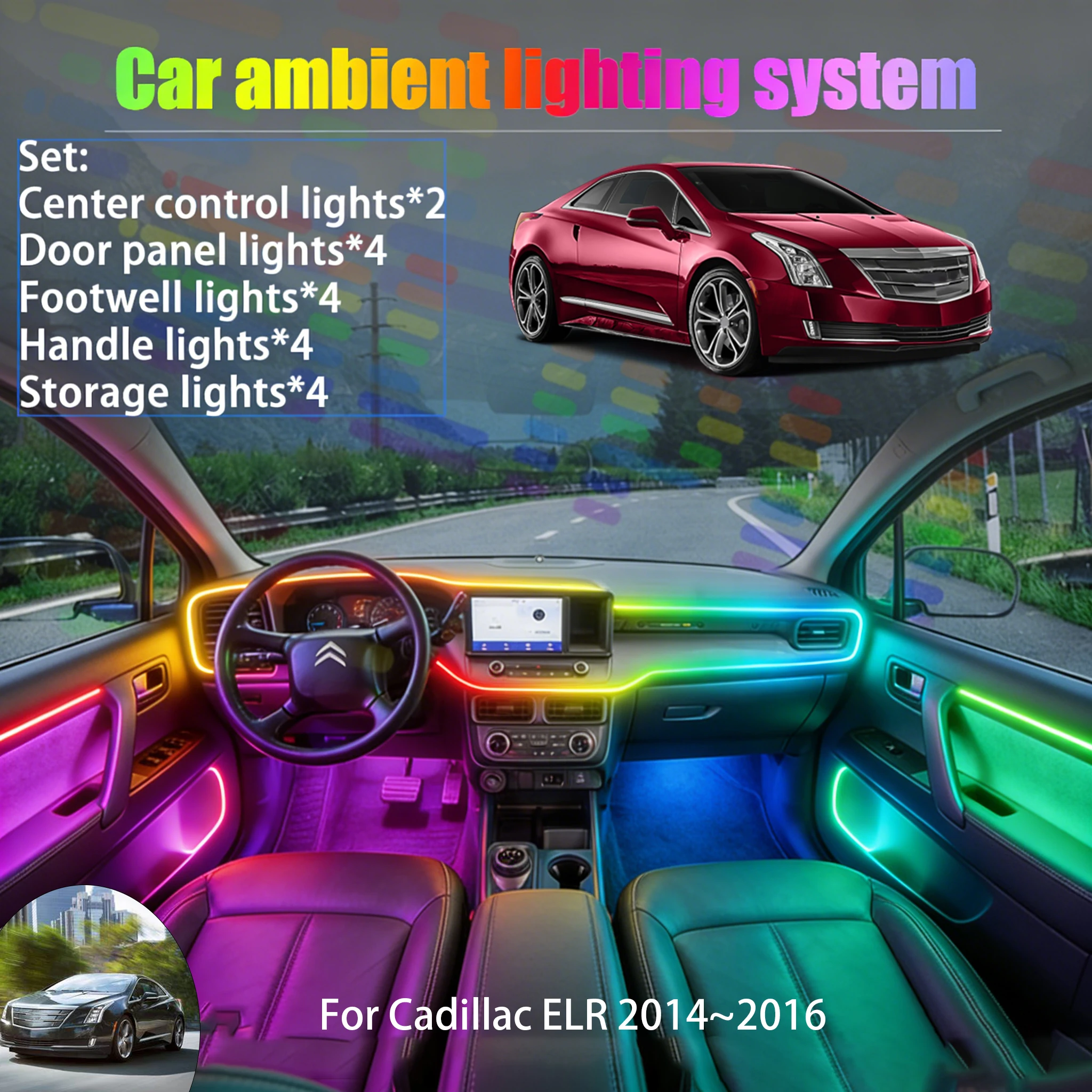 

For Cadillac ELR 2014~2016 2/18 in 1 Car ambient lighting Led trunk interior led lights USB RGB Ensemble Streamer Auto Parts