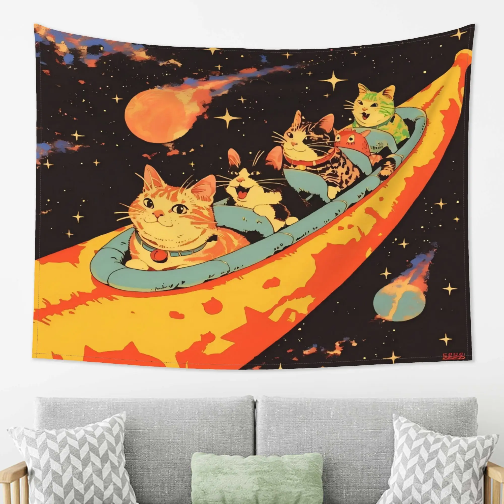 Whimsical Space Cats Tapestry Wall Hanging Astronauts Design on Soft Peach Light Beige Fabric, Horizontal Home Decor for Bedroom