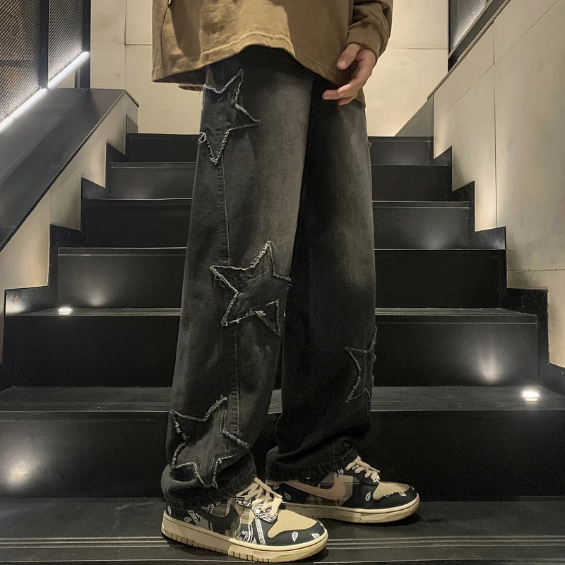 Jeans da uomo casual dritti con ricamo a stella gotico neutro nuovi pantaloni in denim larghi hip-hop moda giovanile streetwear Y2K