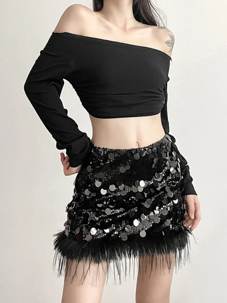 Mini Jupe Trapèze à Paillettes pour Femmes, Vêtements Taille Haute, Slim, Sexy, Streetwear, Plume, Tenues à la Mode, Y2k