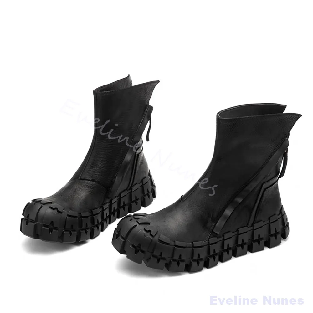 Men Black Genuine Leather Platform Ankle Boots Cyberpunk Geometric Stitching Thick Lug Sole Gothic Street Fashion Short Boots