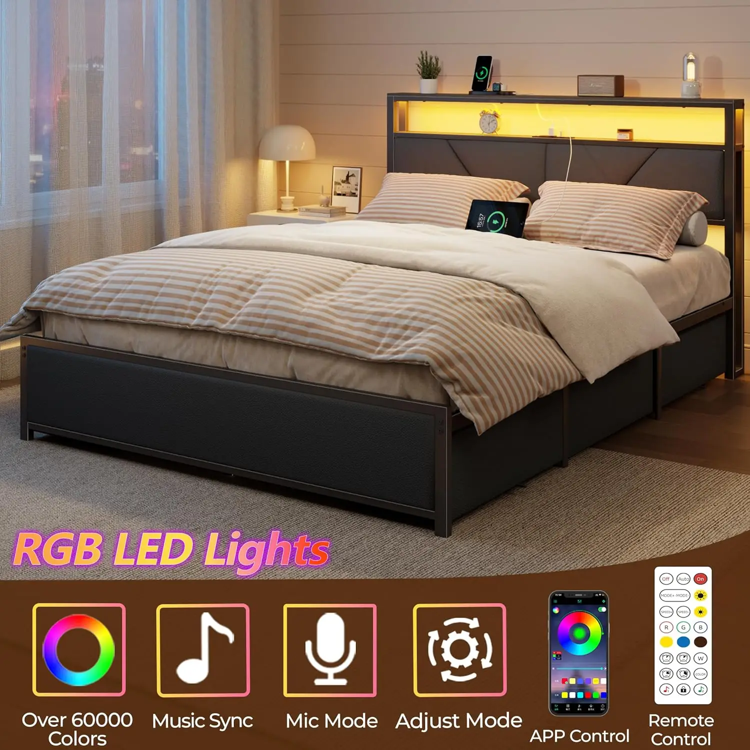 Queen Bed Frame with Storage Headboard and 6 Drawers, Metal Platform Bed Frame Queen Size with Charging Station and, Customized - view 3