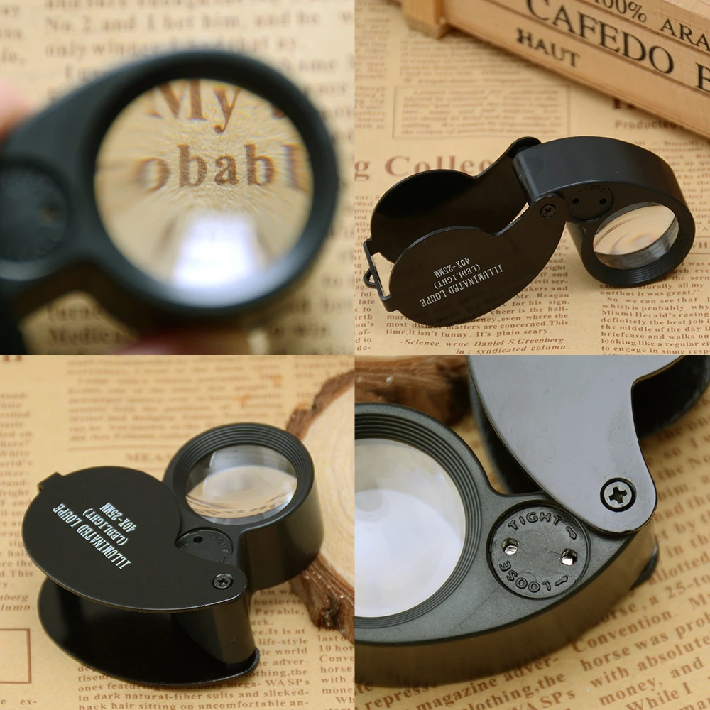 40X 25MM LED Jewelers Loupe Magnifier Folding Diamond Jade Coins Stamps Identifying Magnifying Glass with Storage Box