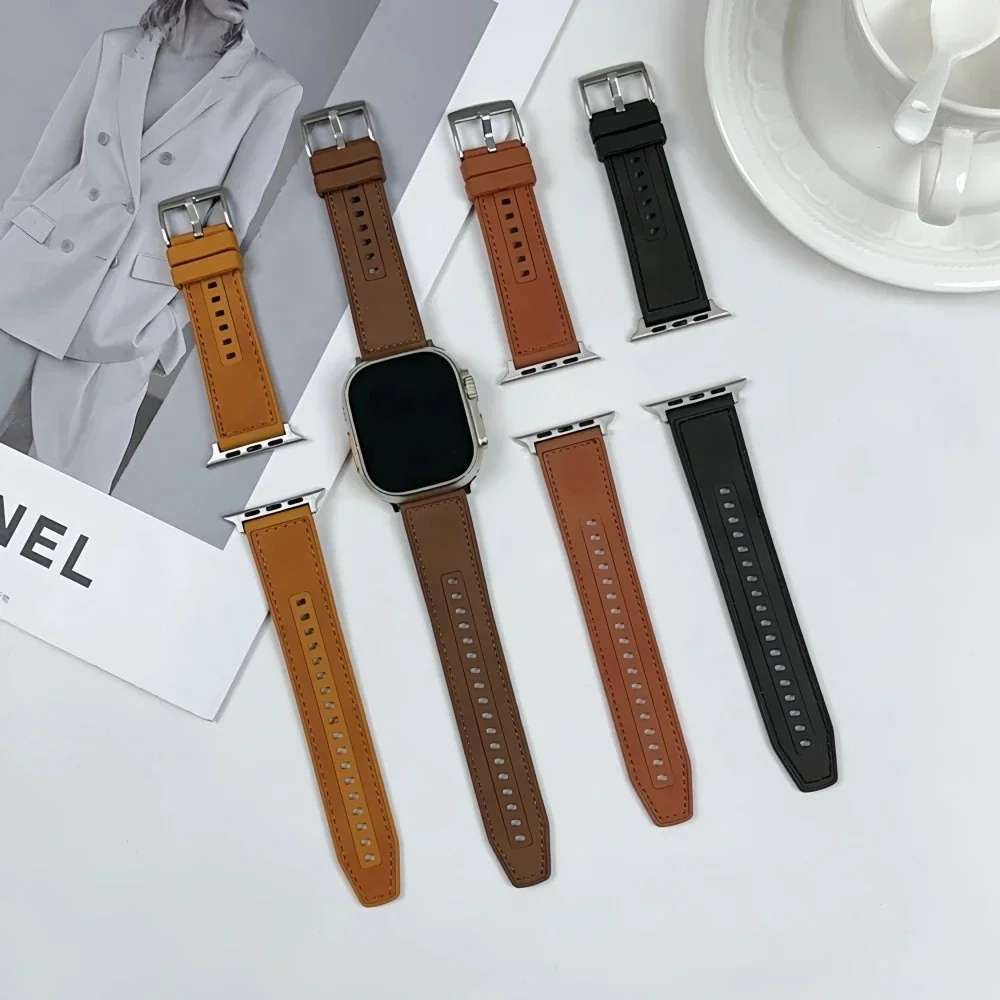 Leather Band for Apple Watch Strap 45mm 44mm 46mm 42mm 49mm 41mm 40mm Hybrid Silicone-Lined Bracelet iWatch Ultra se 10 9 8 7 6