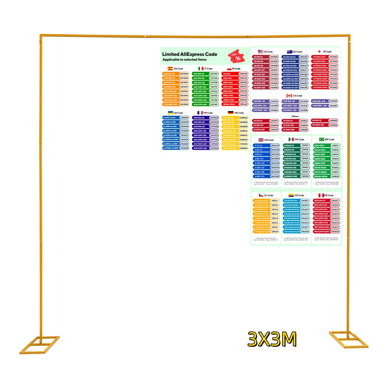 

3X3M Wedding Arch Stand with Bases Gold Square Garden Arch Metal for Weddings Party Event Decoration