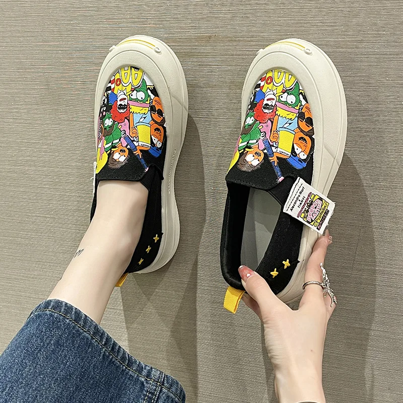 Hong Kong Style Printed Women\'s Shoes 2023 Summer New Slip-on Lazy Casual Shoes Thick Soled Women\'s Shoes