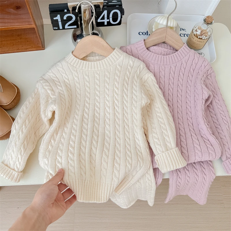 Fashion Girl\'s Sweater Suit Korean Round Neck Knitted Top + Drawstring Slim Pants Two Piece Set for Girls 2024 Spring New